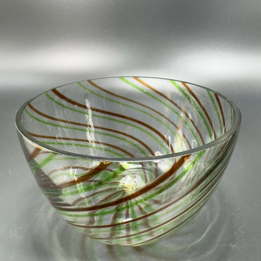 Vintage Molded Glass Dish Bowl With‎ Green Red Swirls Clear Glass Container Bowl
